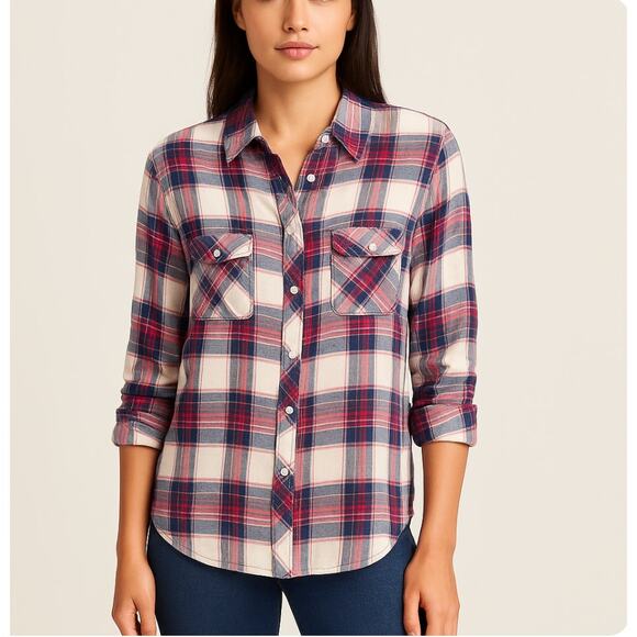 Rails Hunter Plaid Flannel Button Up Shirt in White Pink and Blue M - Picture 1 of 10